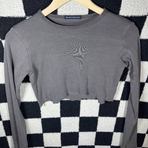 Brandy Melville Tops - Brandy Melville Gray Striped Knit Long Sleeve Micro Cropped Top Size S